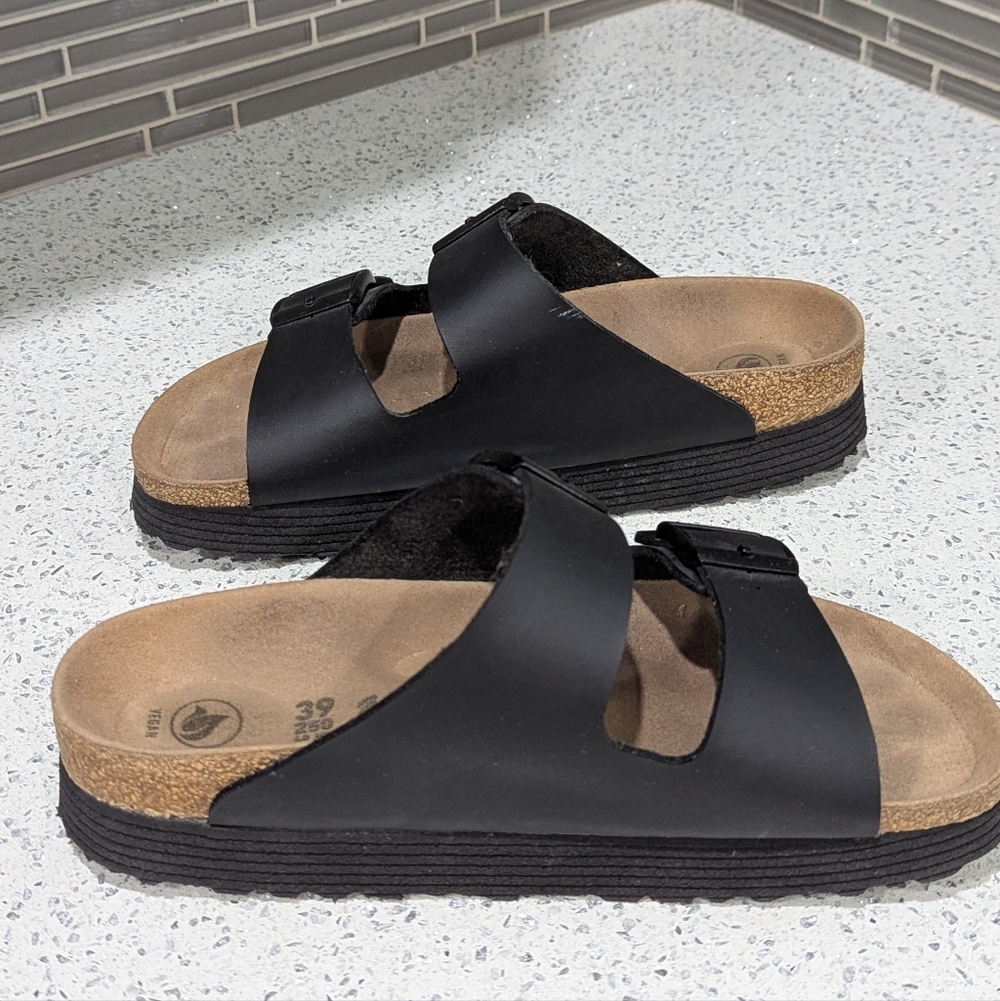 Papillio Birkenstock Platform Arizona Black Vegan Two Strap Sandal Size 39 8 8.5 - Picture 9 of 10